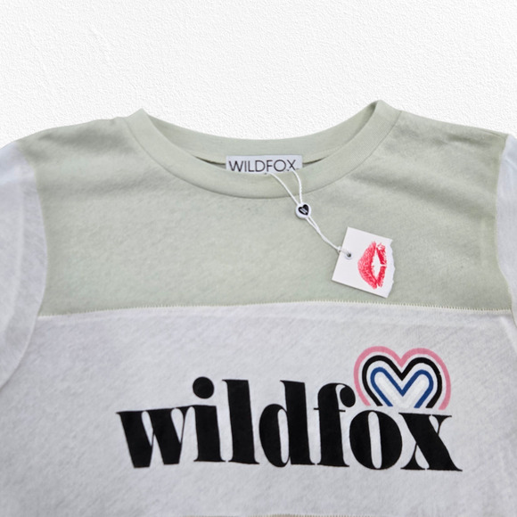Wildfox Beige Green White Colorblock Heart Logo Semi-Sheer T-Shirt Size XS - Picture 3 of 9